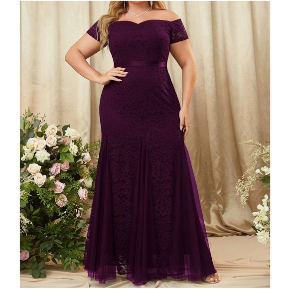 Plus Floral Lace Off Shoulder Formal Evening Wedding Maxi Dress - Picture 7 of 10